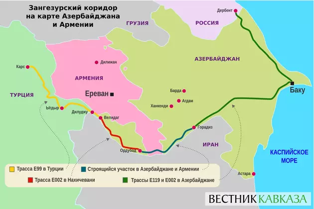 Зангезурский коридор на карте Азербайджана и Армении